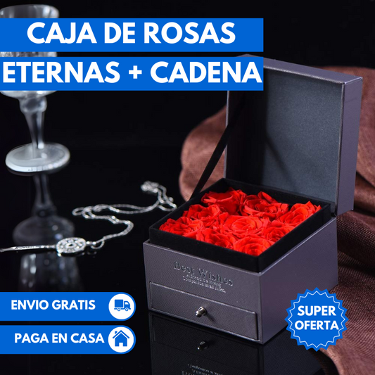 Caja Rosas Eternas + Cadena (REGALO PERFECTO PARA EL DIA DE LA MUJER)