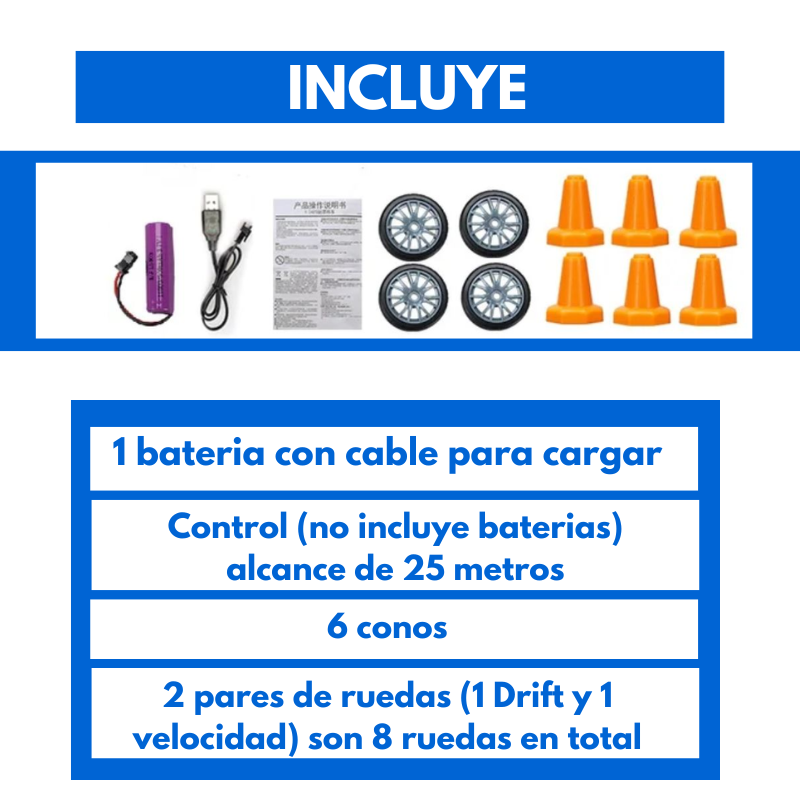 Mini carro de drift a control remoto + Kit de conos y llantas